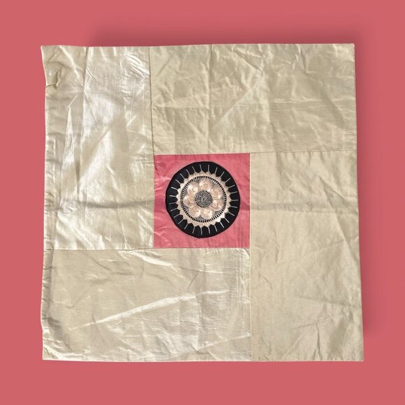 Set of 2 Boho Silk Throw Pillow Covers 16.5” Beige Patchwork Embroidered Mandala - Picture 2 of 5